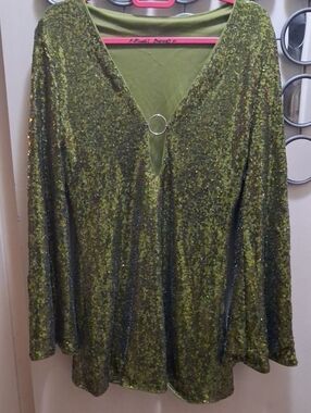 Olive Green Sequin V-Neck Women's Top
